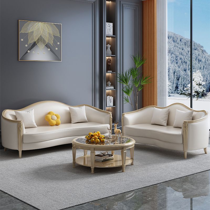 Glam Solid Wood White Genuine Leather Sofa with Pillows for Living Room