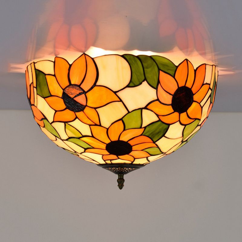 Stained Glass Sunflower Ceiling Fixture Tiffany 2/3 Lights Yellow and Green Flushmount Ceiling Lamp, 12"/16" W