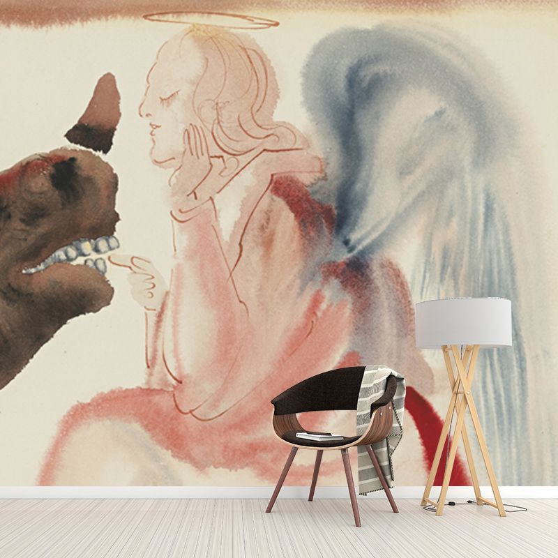 Red Angel Feeding Rhino Mural Decal Washable Wall Art for Hallway, Made to Measure