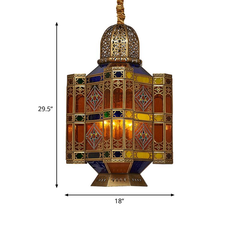 Etched Lantern Restaurant Ceiling Lamp Traditional Stained Art Glass 3 Heads Brass Hanging Chandelier
