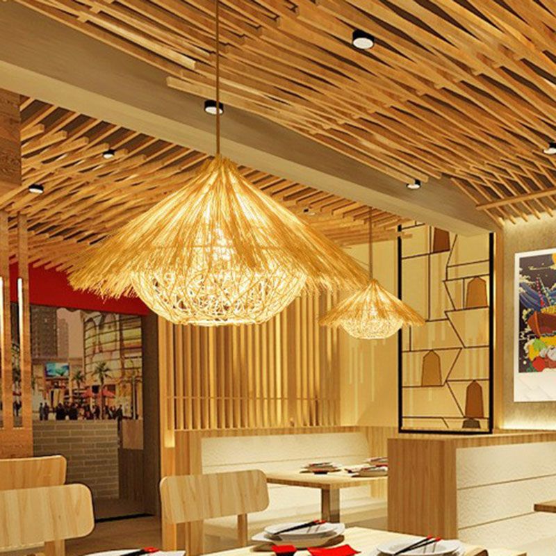 Cottage Woven Shade Drop Pendant Wood 1 Bulb Restaurant Hanging Light Kit in Beige