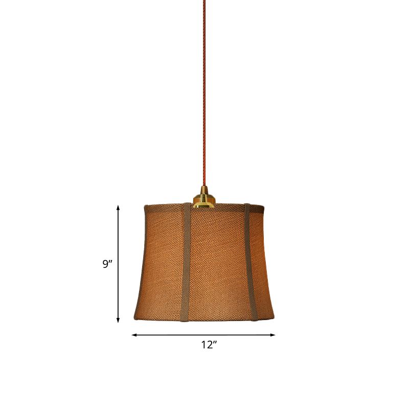 Brown Paneled Bell Pendant Light Fixture Country Fabric 1 Head Bedroom Suspension Lighting