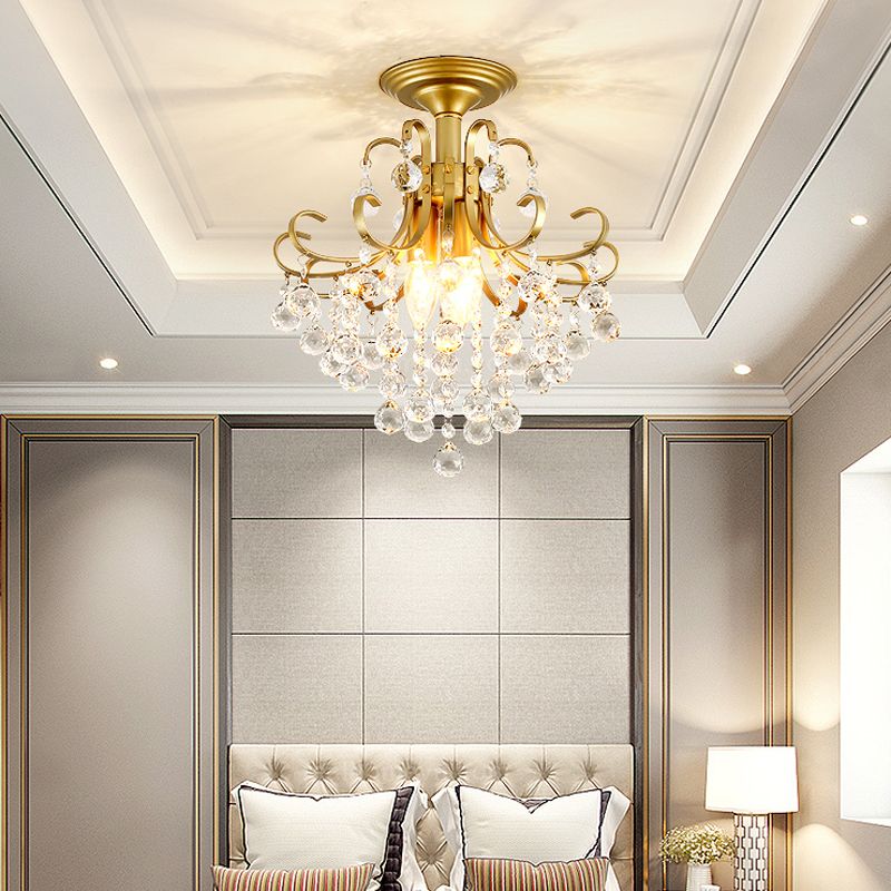 3 Bulbs Ceiling Lighting Vintage Swirl Metal Semi Flush Mounted Light with Crystal Orbs