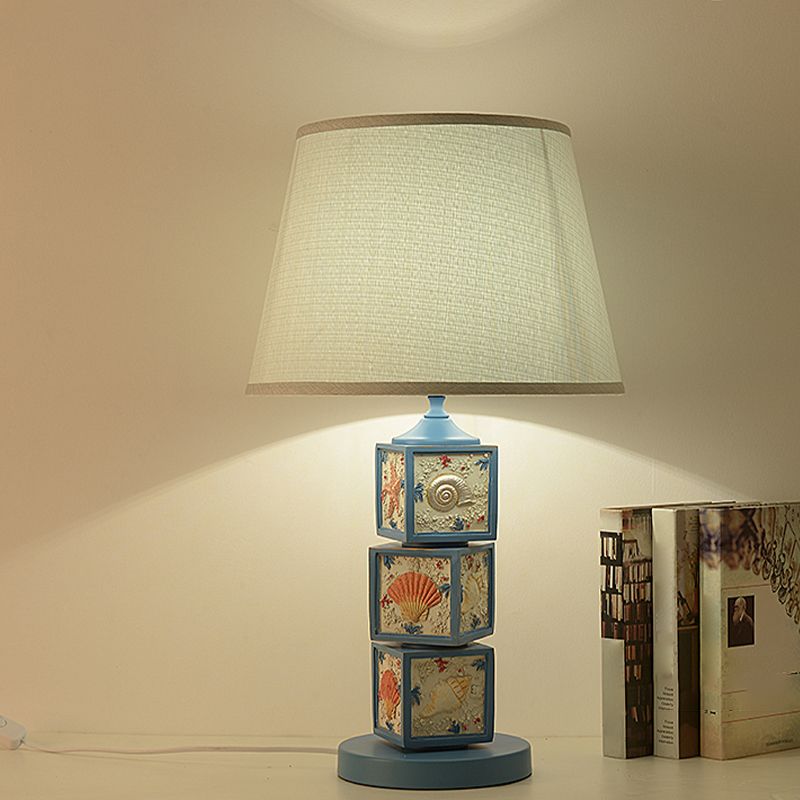 Stacked Cube Desk Lighting Mediterranean Resin 1 Bulb Light/Sky Blue Night Lamp with Barrel Fabric Shade