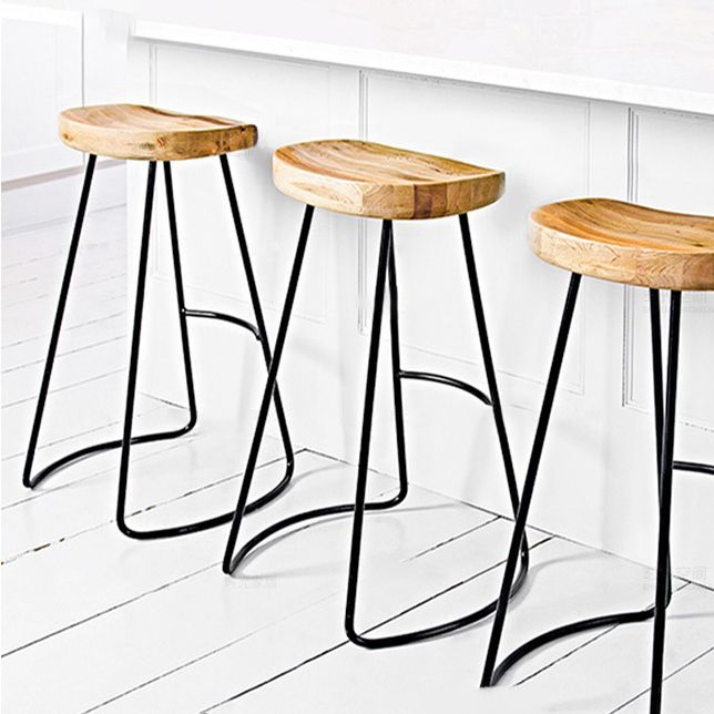 Modern Armless Backless Counter Stool Iron Bar Stool with Wooden Seat for Bar