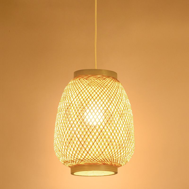 Wood Lantern Pendant Lighting Traditionary Bamboo 1 Bulb Hanging Lamp Kit for Teahouse