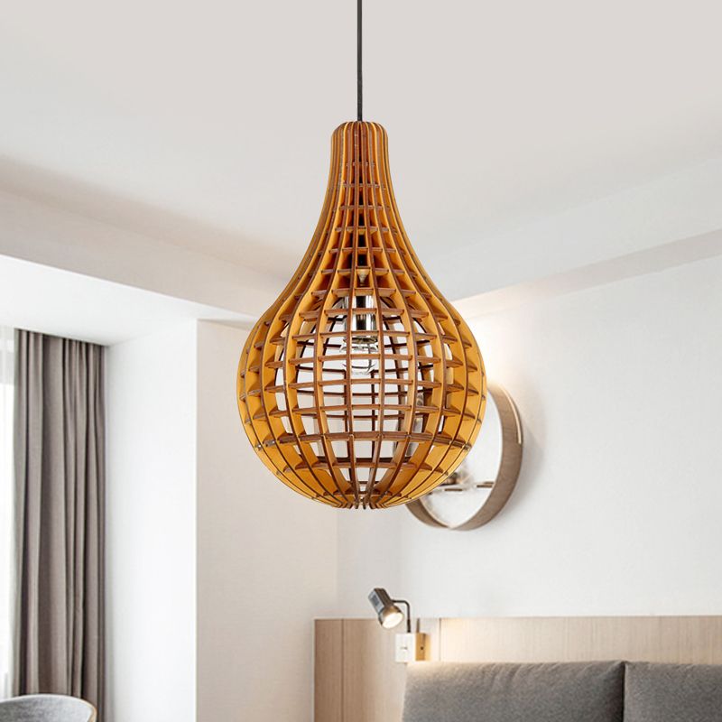 Gridded Raindrop Cage Pendant Lighting Minimalist Wooden 1-Light Brown Suspension Light