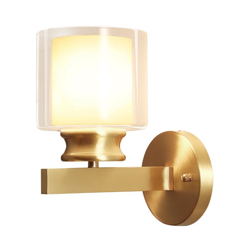 Modern Style Cylindrical Wall Sconce 1 Light Clear and White Glass Wall Mount Lamp in Brass for Bedroom