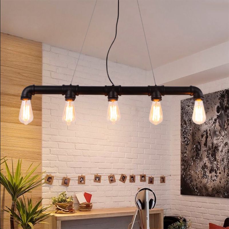 5 Lights Island Pendant Steampunk Piping Iron Hanging Ceiling Light in Black/Bronze/Copper for Dining Room