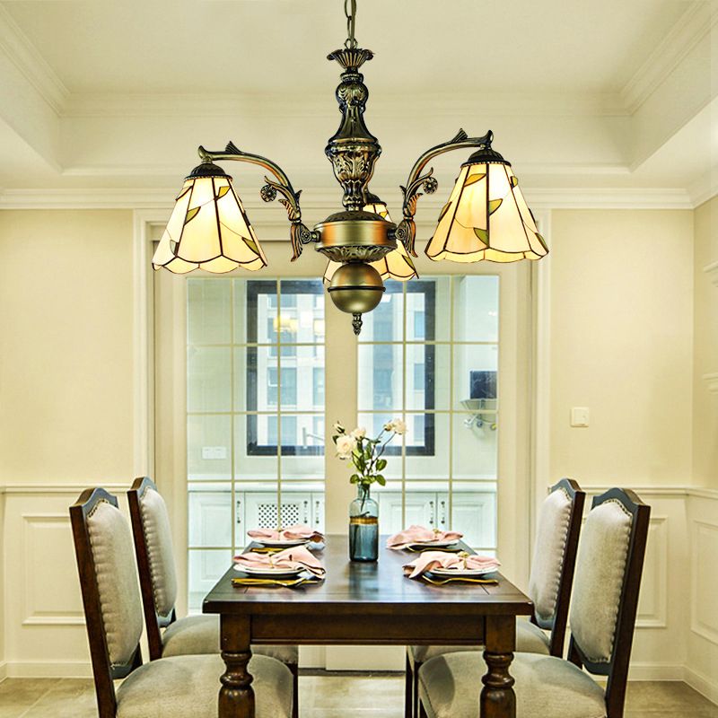 Vintage Rustic Cone Suspended Light with Leaf Pattern 3 Lights in Beige Glass Hanging Chandelier