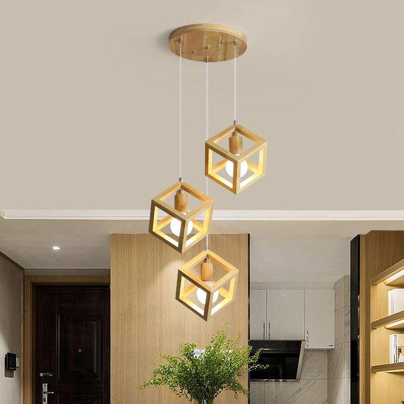 Geometric Dining Room Pendant Light Fixture Wooden Minimalist Hanging Lamp in Beige