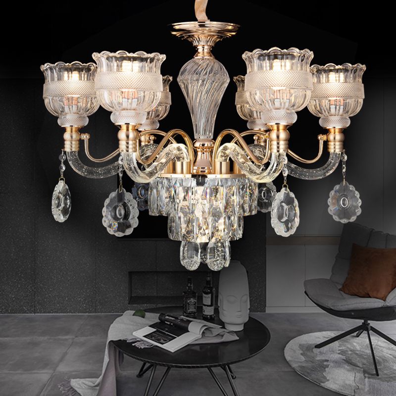 7-Bulb Clear Crystal Chandelier Lighting Fixture Rural Gold Scalloped Bowl Dining Room Hanging Pendant
