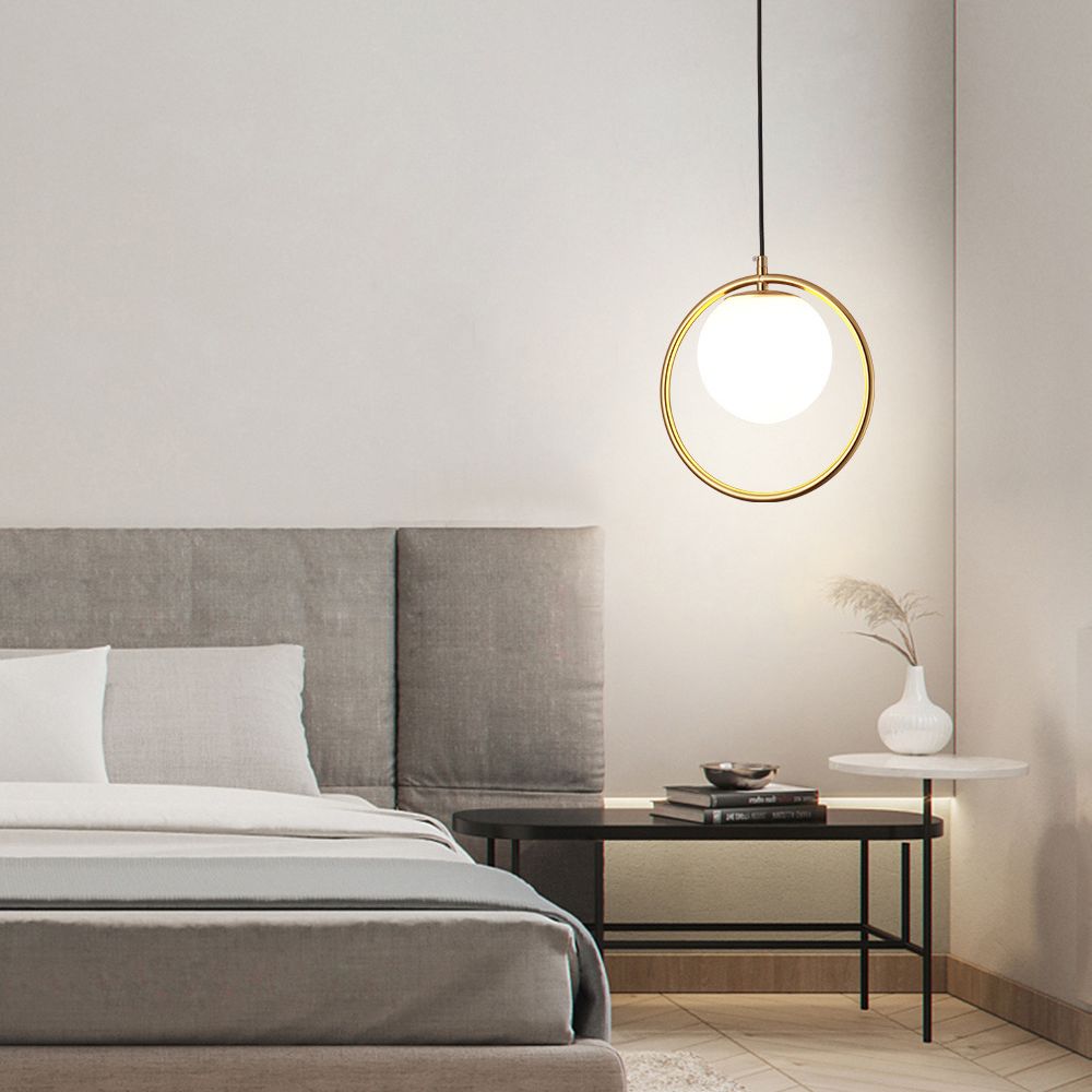Nordic Minimalism Golden Ring Hanging Light with White Glass Ball Shade Mini Pendant Fixtures for Bedside