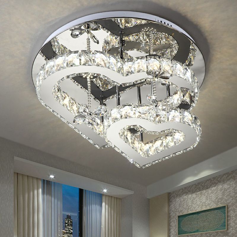 Beveled Crystal Loving Heart Ceiling Light Fixture Modern LED Clear Semi Flush Mounted Lamp