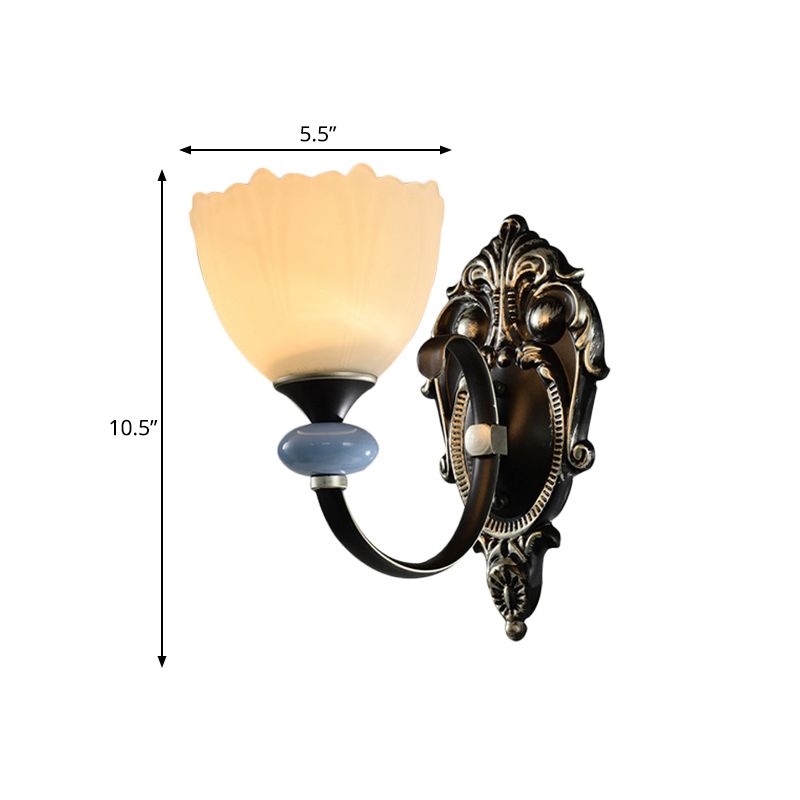 1/2-Head Wall Lamp Countryside Corridor Wall Lighting with Bowl Frosted Glass Shade in Black