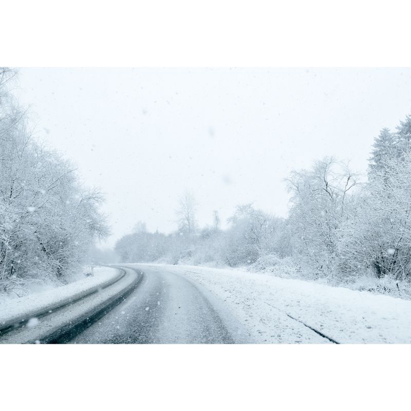 Large Road Curve Scene Mural for Bedroom Snow Forest Wall Decor in White, Washable