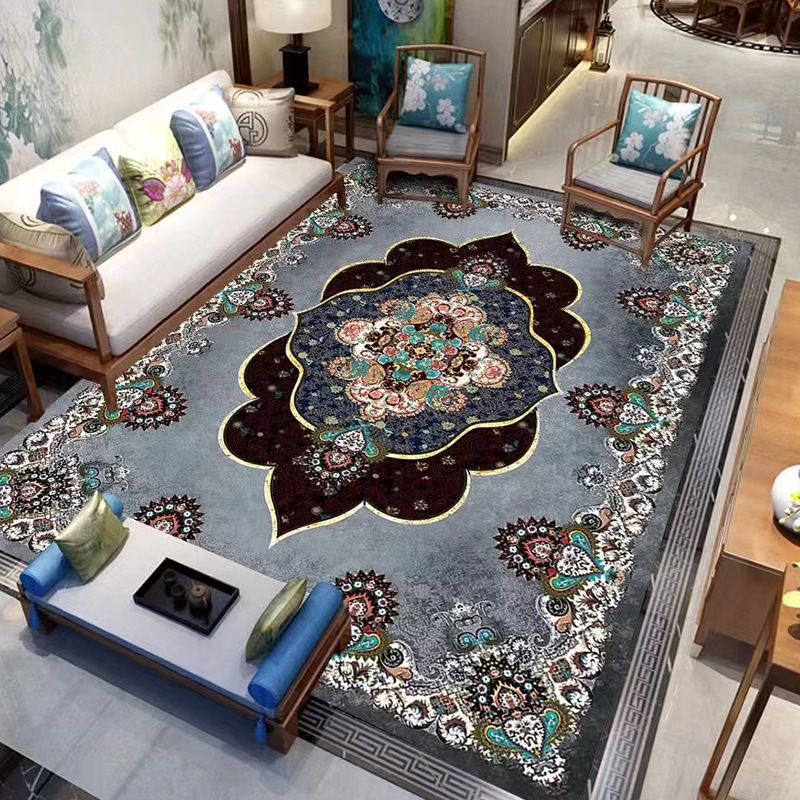 Traditional Medallion Print Rug Polyester Carpet Non-Slip Backing Area Rug for Living Room