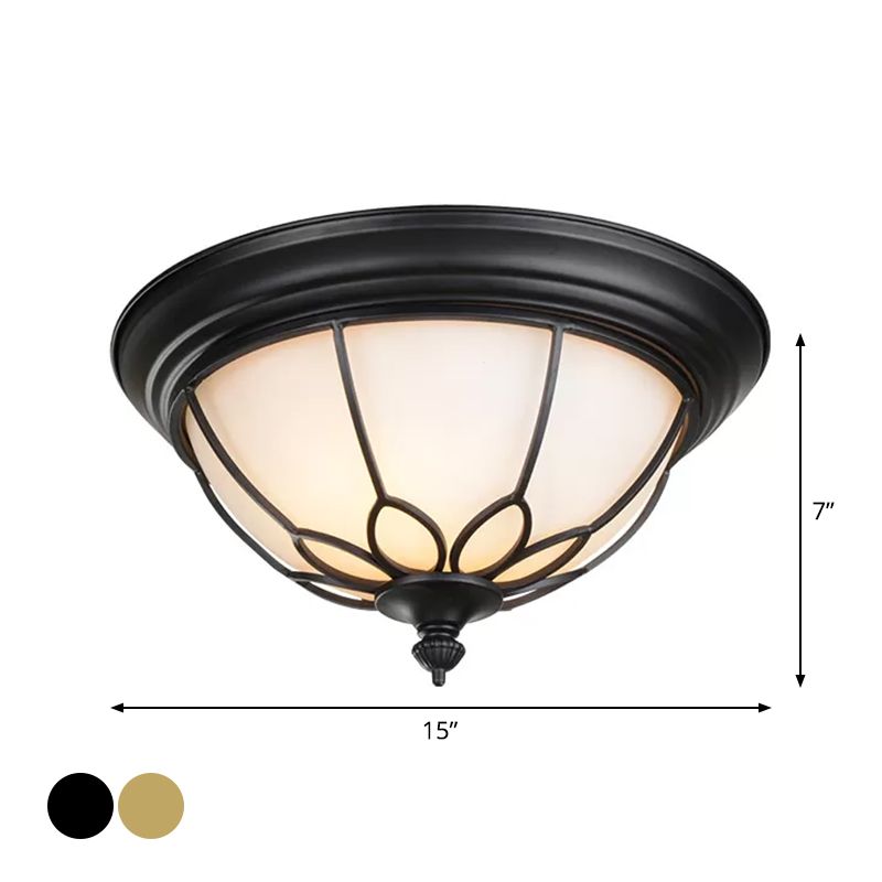 6"/7"/8.5" W Retro Hemisphere Flush Light Opal Frosted Glass LED Flush Mount Ceiling Lamp with Cage Guard in Black/Gold