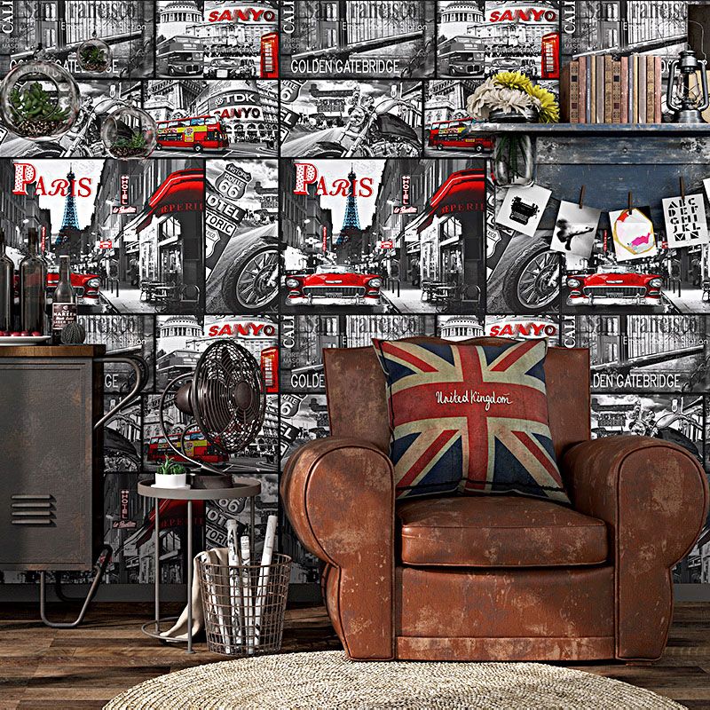 Nostalgic Paris Street Wallpaper Roll Non-Pasted Paper Wall Covering in Grey and Red, 57.1 sq ft.