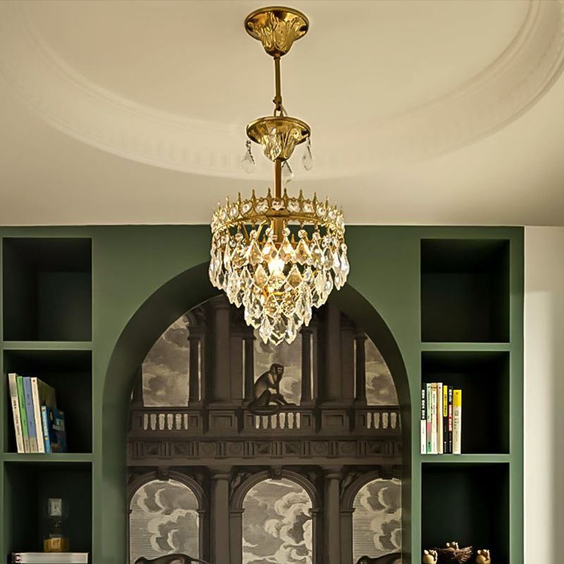 Victorian Crown Shaped Hanging Lamp Clear Teardrop Crystal Chandelier for Living Room