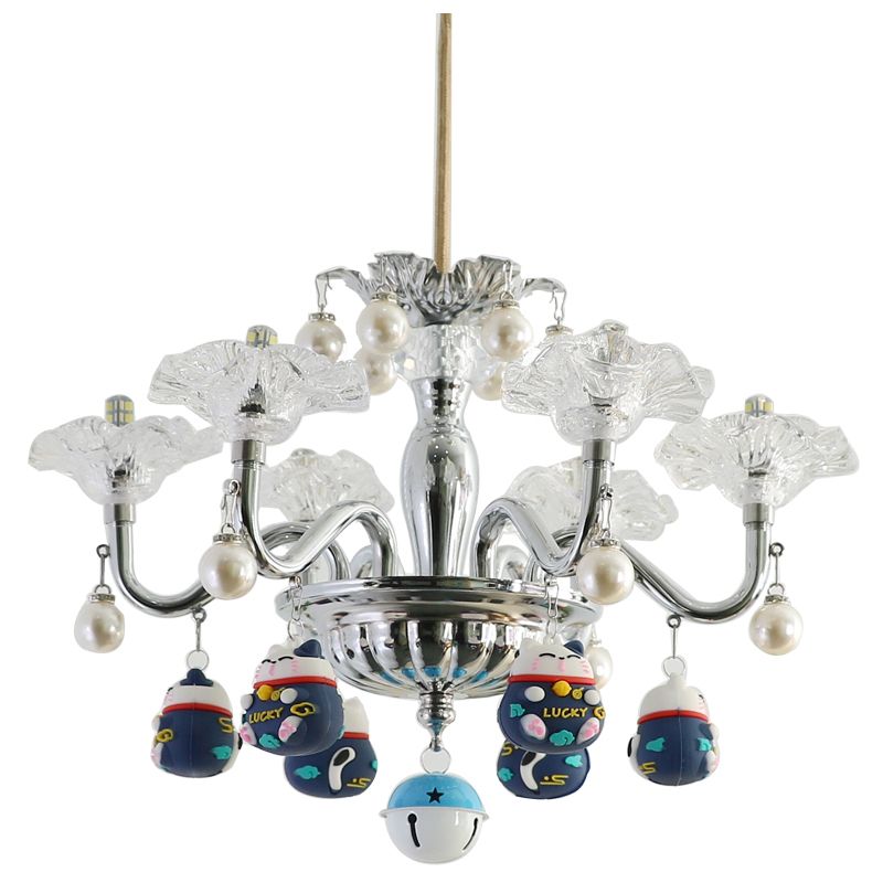 Clear Glass Chandelier Modern 6-Light Silver Suspension Light for Bedroom