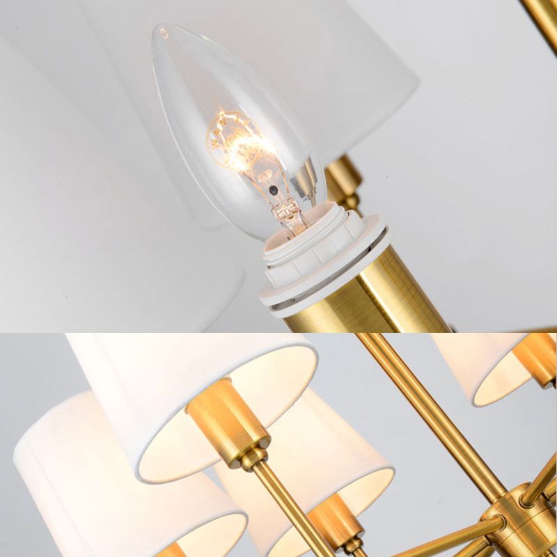 Gold Metal Radial Pendant Light Mid-Century Modern White Burlap Shade Bedroom Chandelier Lighting