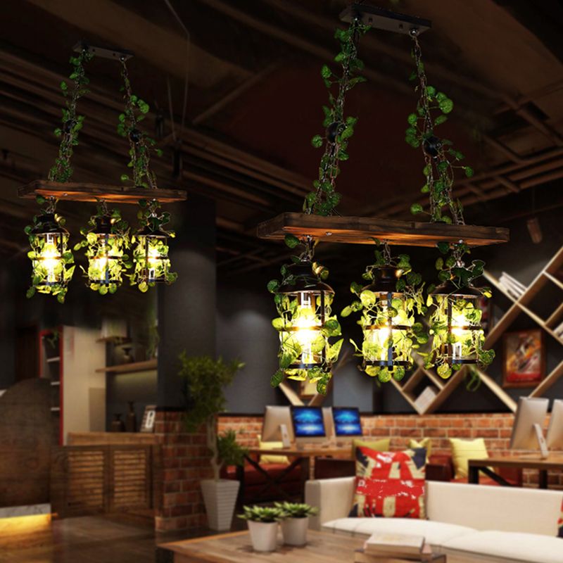 Clear Glass Cylindrical Ceiling Hanging Lantern Industrial 3 Heads Restaurant Island Light with Art Plant Deco