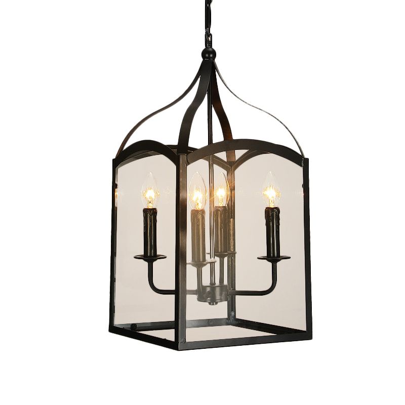 Wire Cage Indoor Chandelier Pendant Light Industrial Style Metal 4 Heads Black Hanging Lamp with Glass Panes