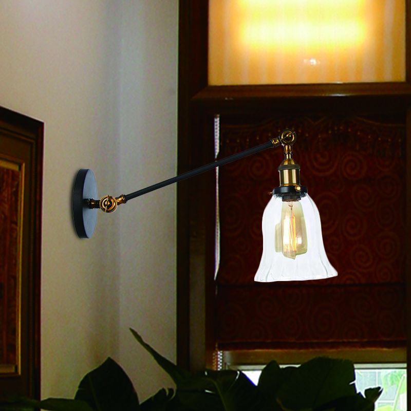 Black/Bronze/Brass 1 Light Wall Lighting Fixture Vintage Clear Glass Bell Sconce with Arm, 8"/12" Long
