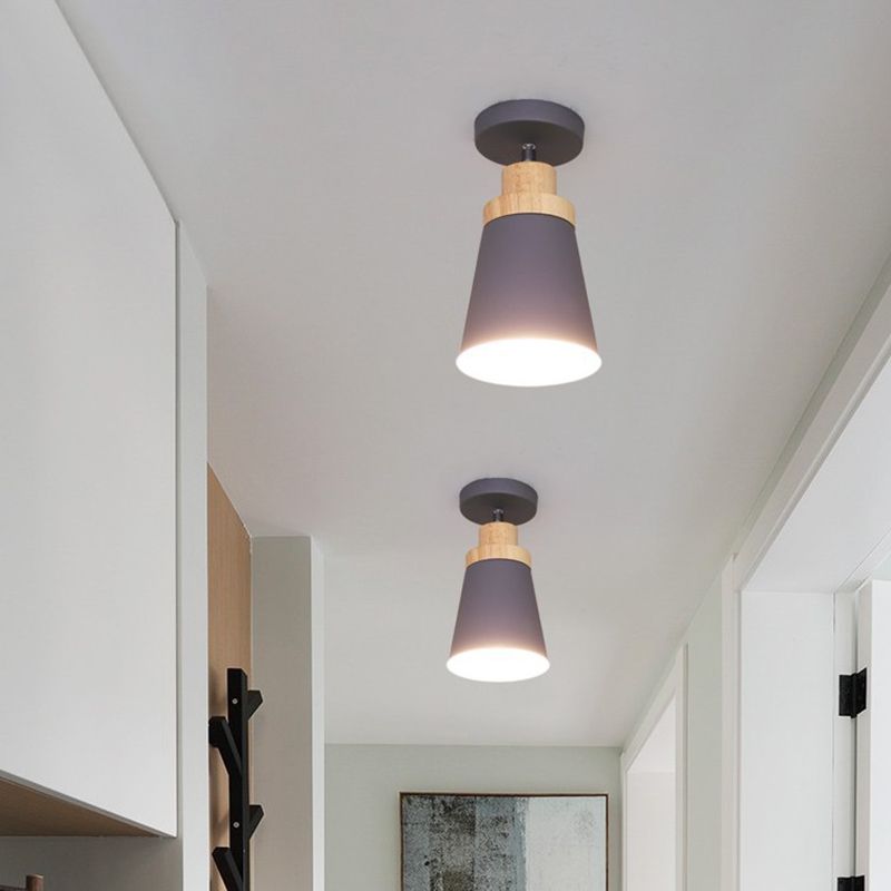 Modern Artistic Ceiling Light Wooden Geometric Semi Flush Mount with Wrought Iron Shade