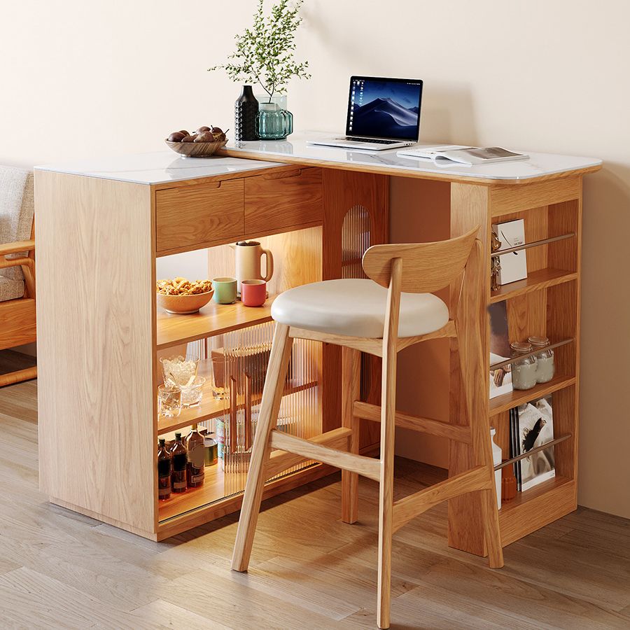 Stone Top Bar Table with Wooden Storage Rectangle Bistro Table for Small Places