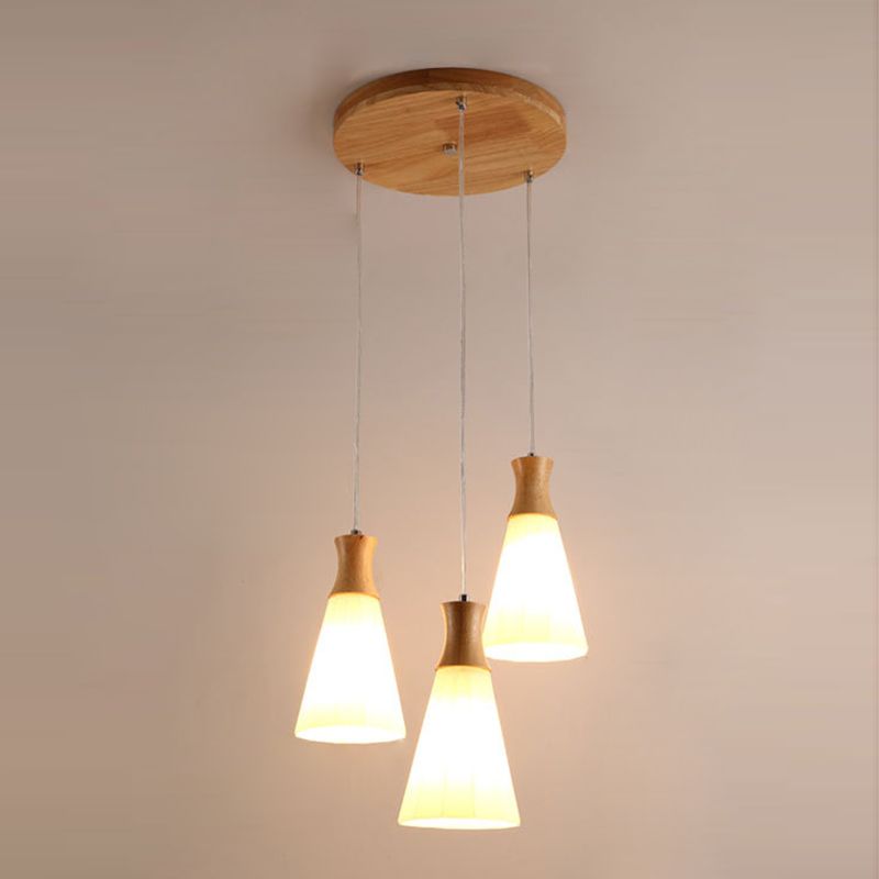 Nordic 3 Lights Pendant Wood Geometric Hanging Light Fixture with White Glass Shade