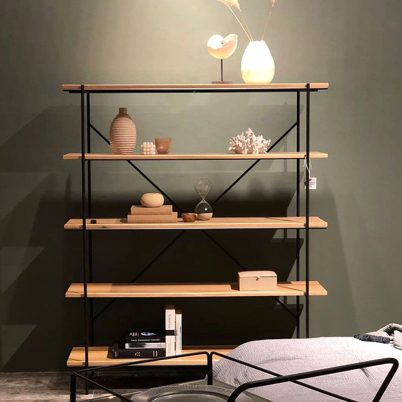 Industriële open etagere boekenplank van 5 plank met ijzeren frame dennenhoutplank