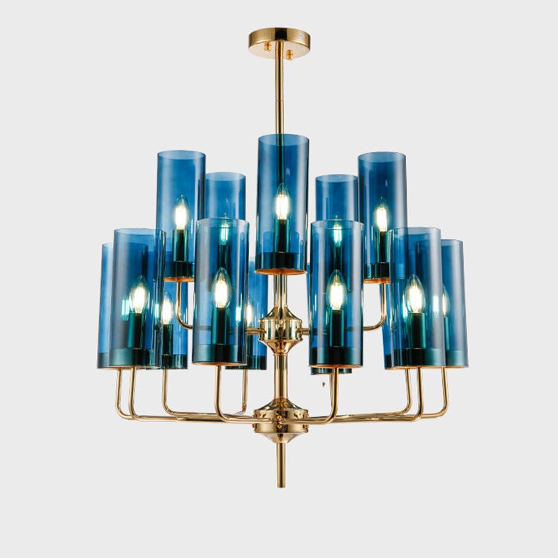 Post-Modern Metal Hanging Chandelier Light Cylindrical Glass Shade  Ceiling Chandelier in Gold for Living Room