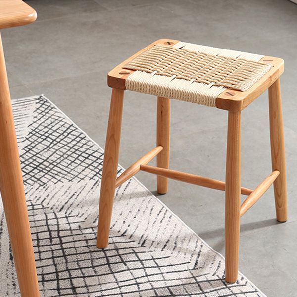 Modern Armless Backless Counter Stool Wood Bedroom Bar Stool with Rattan Cushion