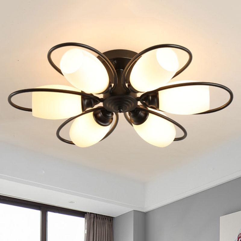 3/6/8 luces Semi Flush Mount Flower Flower Vidrio Blanco Luz de techo en negro para sala de estar