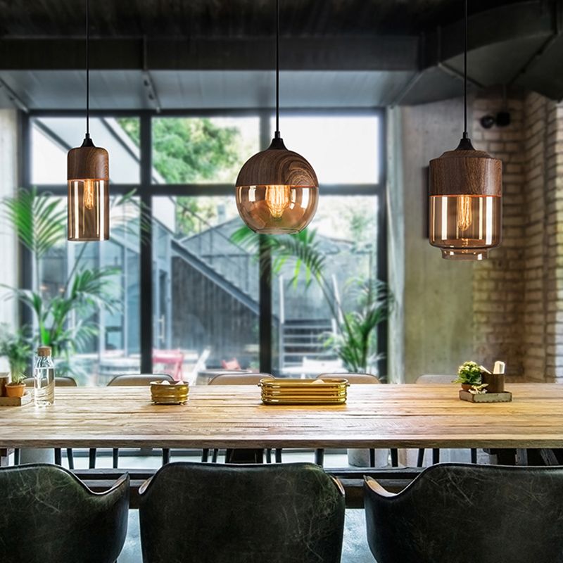 1-Light Cafe Suspension Lamp Nordic Walnut Wood Finish Pendant Light with Geometric Glass Shade