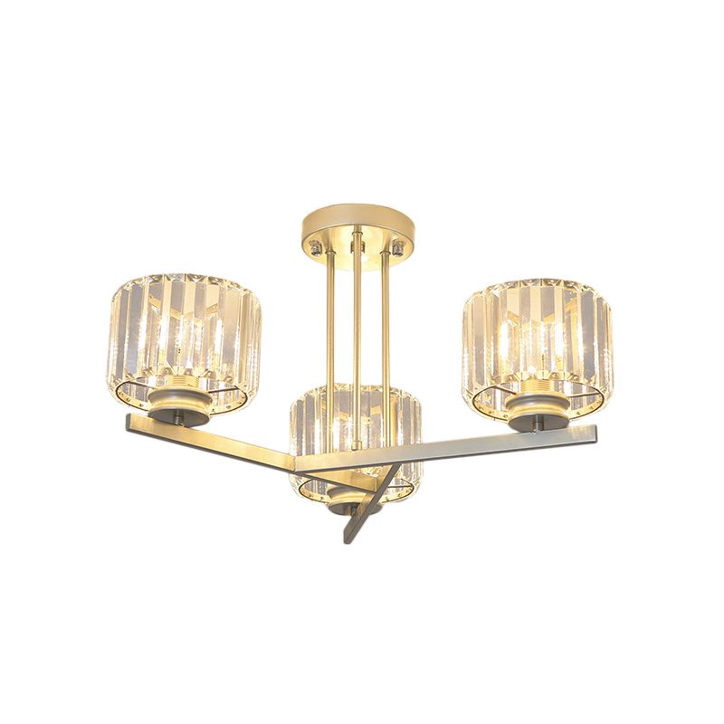 Gold 3/4-Light Semi Mount Lighting Modern Crystal Prism Short Cylinder Ceiling Flush Light