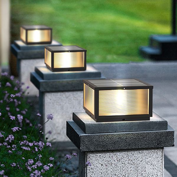 Geometric Shape Metal Solar Pillar Lamp Modern Style 1 Light Outdoor Lights in Black