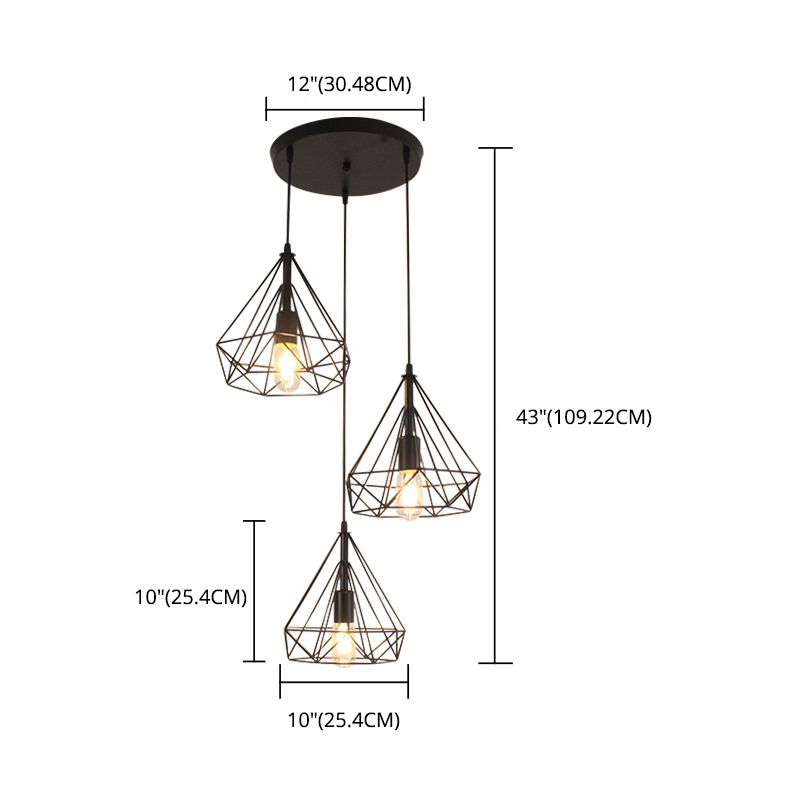 Diamond Iron Cluster Pendant Lighting Post-Modern Restaurant Hanging Lamp in  Black
