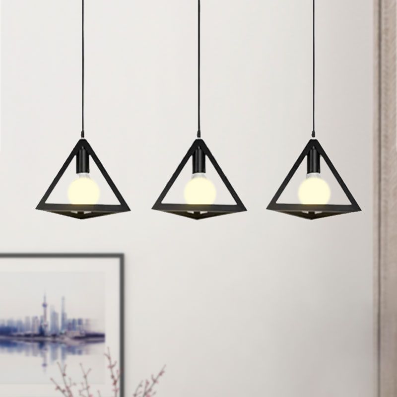 3 Heads Hanging Lamp Retro Industrial Triangle Metallic Pendant Lighting with Wire Guard and Linear/Round Canopy in Black/White