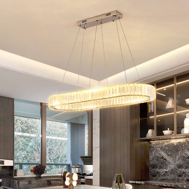Minimalist Oblong LED Suspension Lamp Optical K9 Crystal Restaurant Hanging Island Light