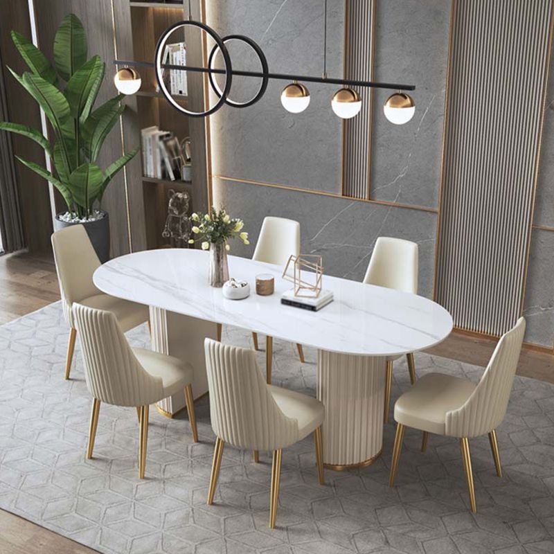 Traditionele luxe ovale eettafel gesinterde stenen tafel met witte dubbele voetstuk