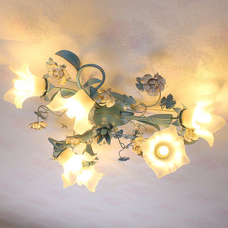 Blue 6/8 Bulbs Semi Flush Ceiling Light Pastoral Style Flower Frost White Glass Ceiling Lamp for Bedroom