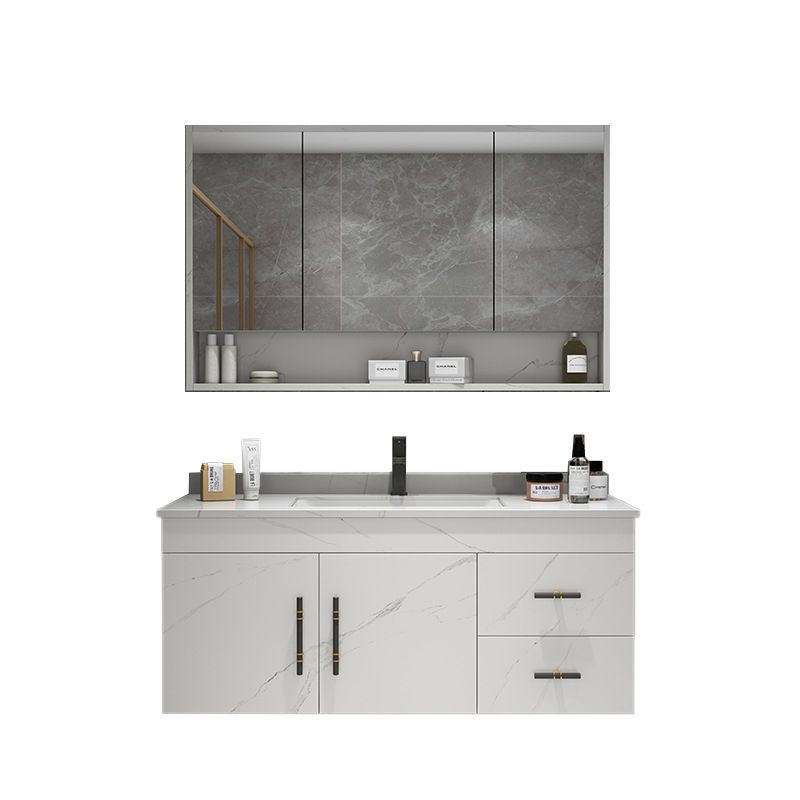 Stone Top Vanity Set Single Sink Mirror Drawers Wall-Mounted Rectangle Vanity with 2 Doors