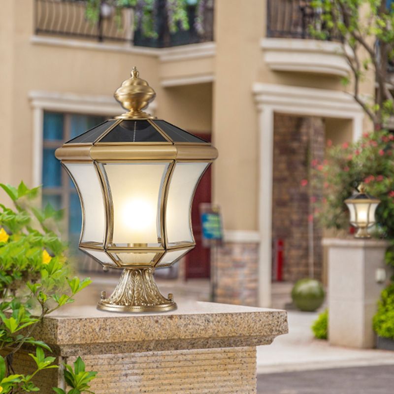 Drum Shape Metal Outdoor Lamp Modern Style 1 Light Solar Pillar Lights in Brass