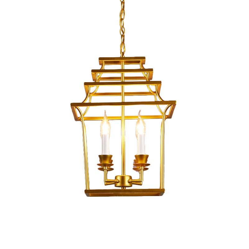4 Heads Metal Chandelier Vintage Style Gold Cage Shade Living Room Pendant Light with Adjustable Chain