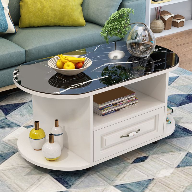modern oval gals top coffee table with shelf and drawer and Casters
