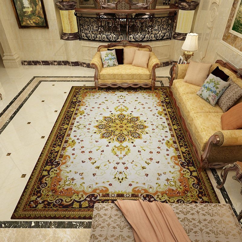 Mediterranean Moroccan Rug in Black and White Medallion Floral Pattern Rug Polyester Washable Carpet for Home Decoration