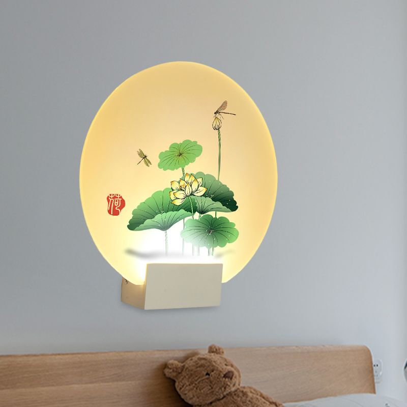 Asia Style Circular Wall Lighting Acrylic LED Wall Mural Light in White with Lotus Leaf and Dragonfly Pattern